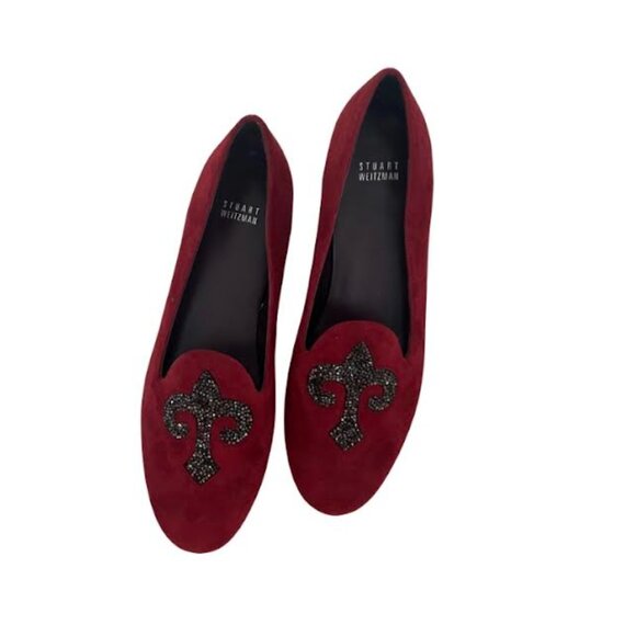 Stuart Weitzman Womens Loafers Lys Scarlet Red Flats Fleur De Lis Suede - Picture 2 of 9